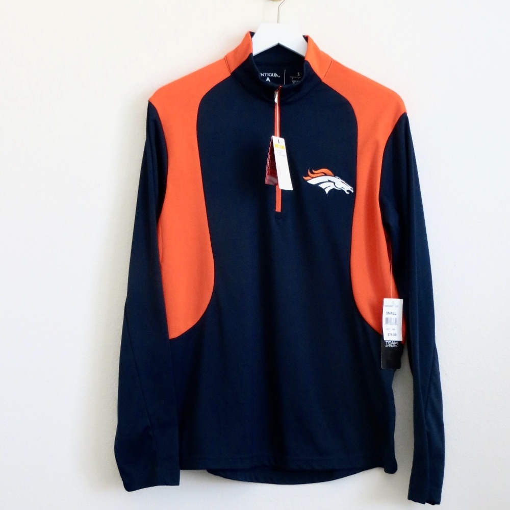 NEW! Antigua Denver Broncos NFL 1/4 Zip Pullover Jacket Orange Navy SZ S